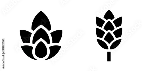 Minimalist craft beer hops and wheat grain icons silhouette set. set of black silhouettes of leaves
