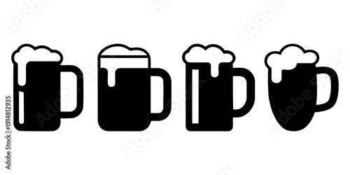 Set of different beer mug icons with frothy foam. beer mug vector icons