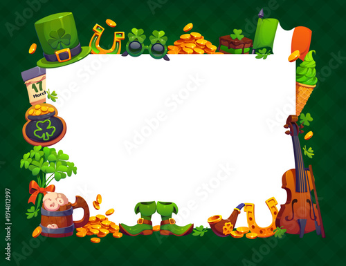 St Patrick day holiday greeting card frame with shamrocks, leprechaun boots, gold coins, Irish flag, beer, fiddle and green treats. Vector festive border for celebration invites, or cultural events