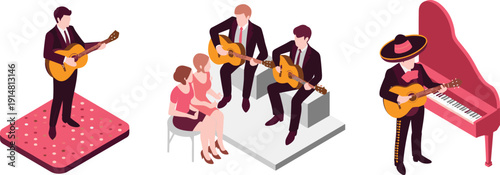 Isometric guitar musicians performing on stage, acoustic guitarist concert, mariachi player, live music performance, entertainment band illustration vector art