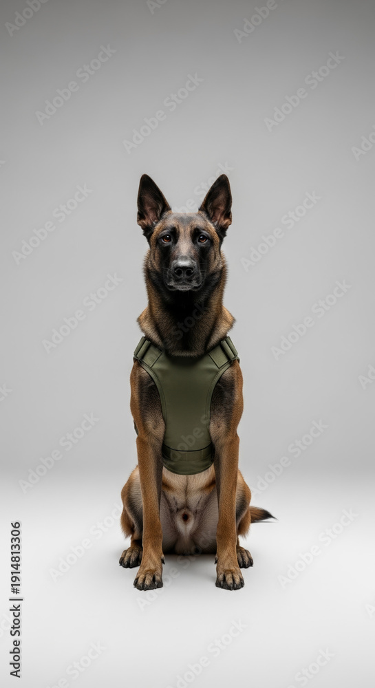 Obraz premium belgian malinois, k9 dog, working dog, service dog, tactical vest, police dog, military dog, security, protection, loyalty, discipline, dog, animal, studio shot, sitting, malinois, canine, mammal, pet