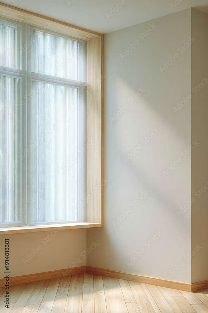 Fototapeta premium Bright corner of a modern room with natural light filtering through sheer window curtains on a warm afternoon