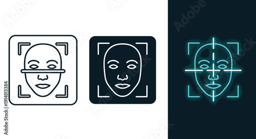 A futuristic facial recognition system with three different icons on a white and black background