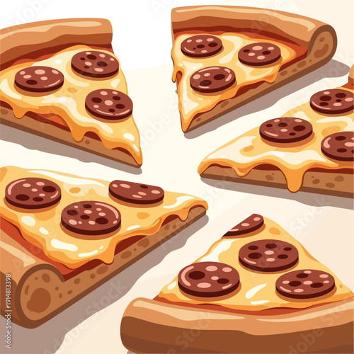 Deliciously illustrated pepperoni pizza slices, a classic comfort food, ideal for a satisfying and savory meal