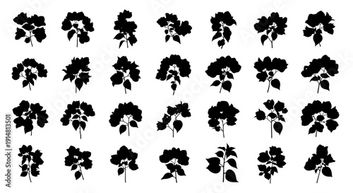 Collection of black rose silhouettes arranged in rows on white background for design and decoration