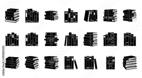 Collection of various stacked book piles in black and white isolated on a plain background for educational or library themes