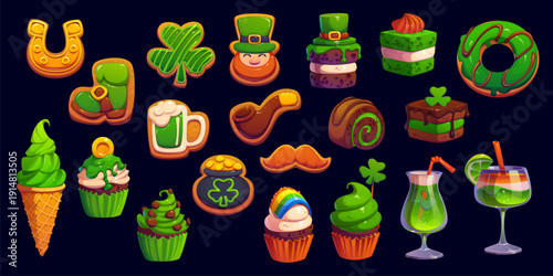 St Patrick day holiday cake, candy and sweet cookie food. Cartoon vector set of treats, cookies, cupcakes, drinks and desserts decorated with shamrocks, rainbows, gold coins and festive green toppings