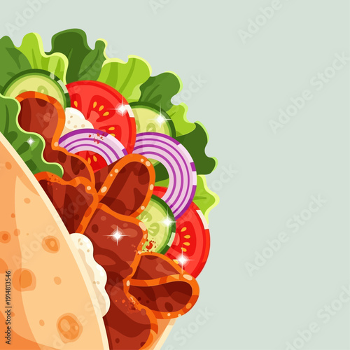 Delicious gourmet wrap filled with savory meat, fresh vibrant vegetables, and creamy sauce, a perfect meal for any occasion