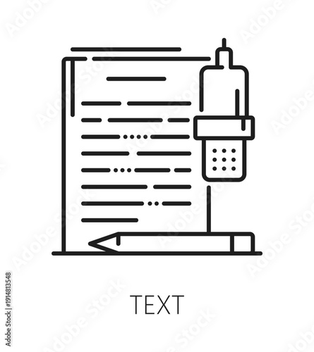 Dubbing sound record text line icon or pictogram. Movie voice dubbing production symbol, sound recording studio vector icon. Audio design mixing pictogram with script document, pencil and microphone