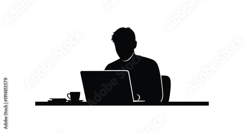 A black silhouette of a man working on a laptop with a coffee cup ideal for design projects on transparent background