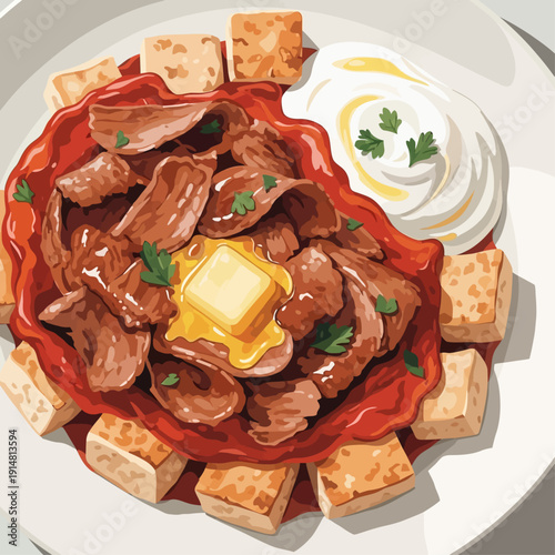 Hearty traditional Middle Eastern inspired meal, featuring thinly sliced meat, toasted bread, and creamy accompaniment