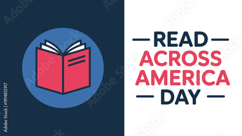 "Read Across America Day promotional design with open red book emblem, bold text and patriotic layout encouraging literacy and national reading"