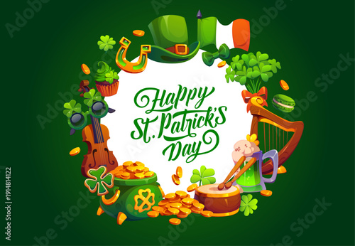 Happy St Patrick's day banner. Irish folk celebration vector flyer, Saint Patrick holiday poster with musical instruments, leprechaun hat, pot with golden coins, Ireland flag and shamrock clovers