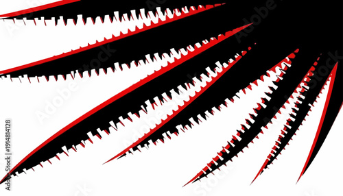 Vibrant red and black abstract lines radiate outward on white