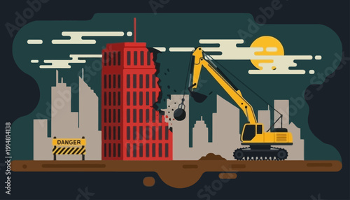 Construction workers demolish a tall building with a yellow excavator in the city at sunset.