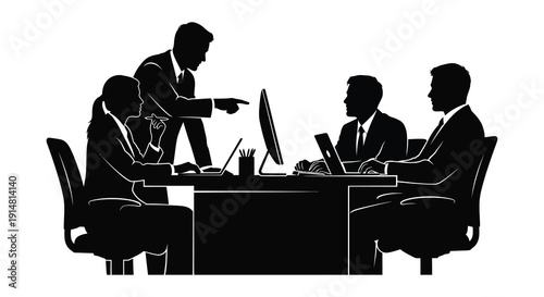 A black silhouette depicts a business meeting around a table with a presenter gesturing towards a computer screen on transparent background