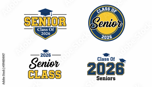 Graduation ceremony decorations with senior class signs and logos on a table