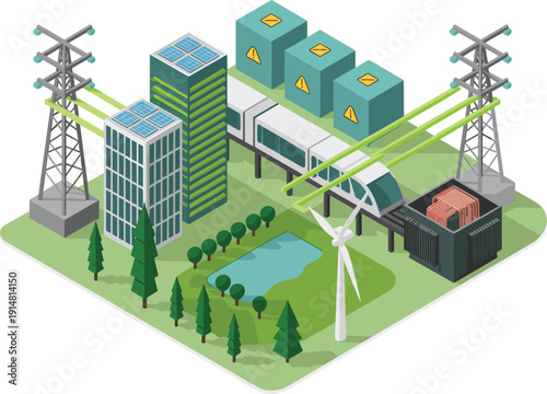 Isometric smart city energy grid, renewable power infrastructure, solar buildings, wind turbine, electric train, modern sustainable technology illustration