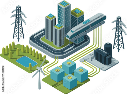 Isometric smart city energy grid, solar powered buildings, electric substation network, sustainable transport infrastructure illustration