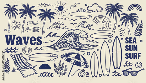 A serene beach scene with palm trees, waves, and surfboards on a sunny day