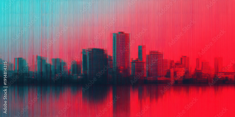 Fototapeta premium City Skyline Reflection Distorted by Vibrant Red and Cyan Vertical Glitch Lines Futuristic Urban Digital Aesthetic