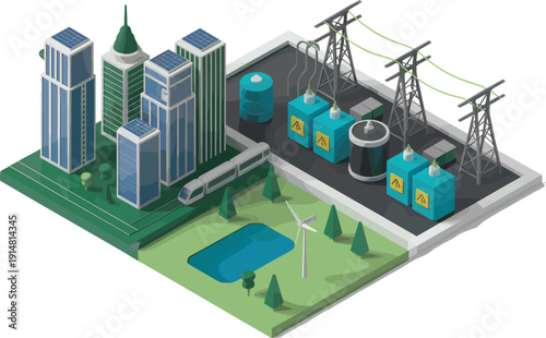 Isometric smart city power infrastructure, renewable energy grid system, solar buildings, electric substation, sustainable urban technology illustration