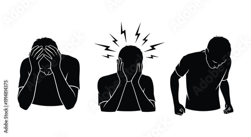 Three black silhouettes of a man expressing distress overwhelmed and despair on transparent background high quality professional detailed modern elegant stylish