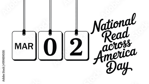 "National Read Across America Day calendar design with March 2 date cards and stylized cursive text promoting literacy and reading celebration"