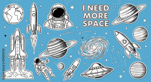 Astronaut explores space with rockets planets and stars nearby