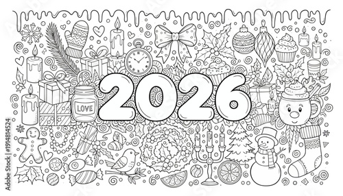 A festive holiday scene with Christmas decorations and treats surrounding the year 2026