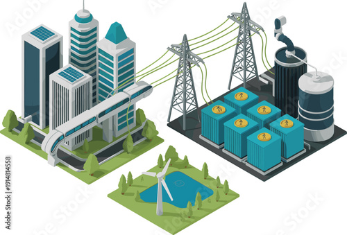 Isometric smart energy city system, renewable infrastructure, electric grid connection, solar buildings, wind power, modern sustainable technology illustration
