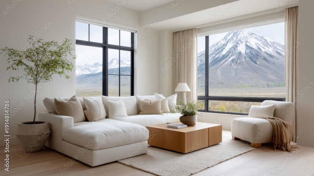 Fototapeta premium Modern lounge area with mountain view through large