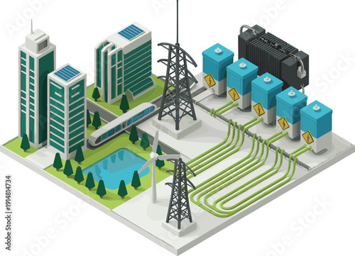 Isometric smart energy infrastructure city, electric grid system, renewable power network, solar buildings, transformer station, modern sustainable technology illustration