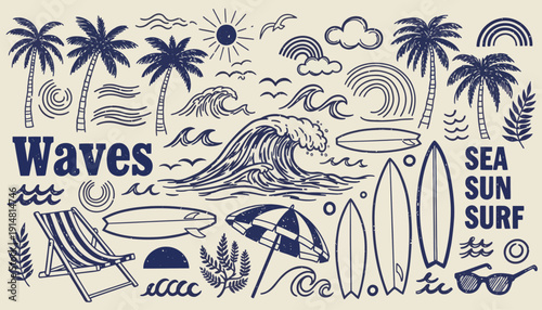 Beach scene with palm trees, waves, and surfboards on sunny day