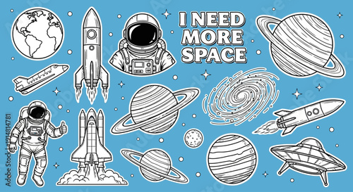 Space exploration illustration featuring astronaut, planets, and spacecraft in a celestial environment from a cosmic viewpoint