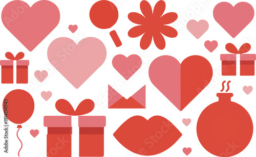 Collection of romantic love symbols hearts gifts and lips for valentines day celebration