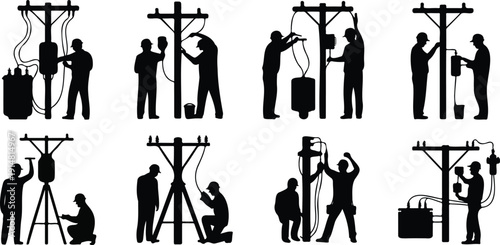 Electricians working on power poles with tools and equipment fixing electrical lines vector illustration