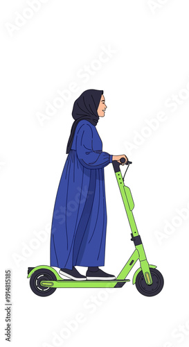 Smiling Muslim Woman in Hijab Riding Green Electric Scooter. Modern Urban Mobility, Diversity, and Eco-Friendly Travel Concept Illustration.