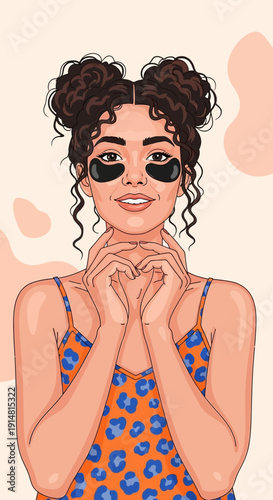 Smiling Woman with Space Buns and Under Eye Masks. Vector Portrait of Self-Care, Beauty Routine, and Modern Skincare Illustration