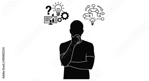 A pensive man contemplates ideas represented by icons and gears a creative thinking concept on transparent background silhouette high quality professional