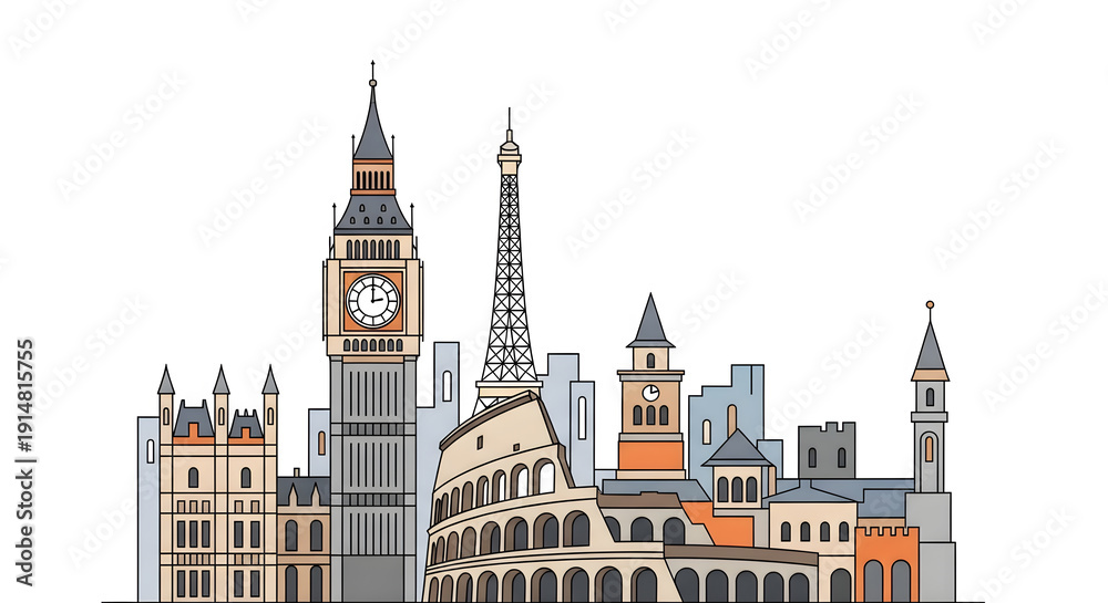 Obraz premium Iconic European Landmarks Skyline Vector Illustration for Travel Concepts