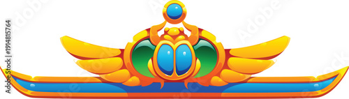 Gold winged scarab amulet, ancient Egypt ornament, Egyptian divider frame and border. luxurious and sacred culture significance game icon, treasure asset. Cartoon vector golden relic symbol of rebirth