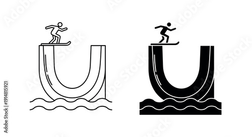 Swimming pool diving icon set with jump platform and water waves in outline and solid black vector illustration