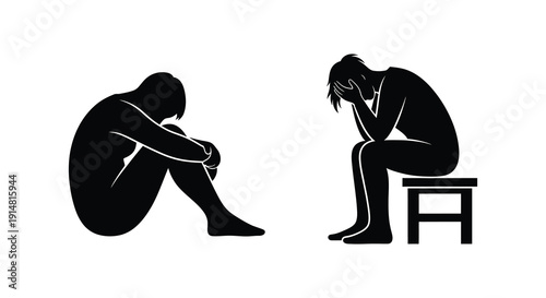 Two black silhouettes of people sitting in distress conveying sadness and despair on transparent background high quality professional detailed modern elegant