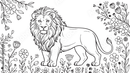 Lion standing in a field of blooming flowers and foliage Keywords: lion, king, animal, wildlife