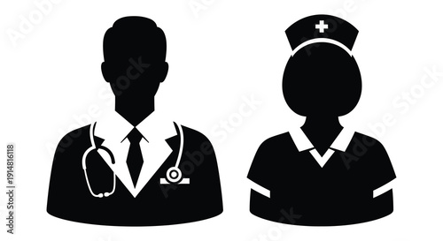 A black silhouette of a doctor and nurse facing forward ideal for medical designs on transparent background high quality professional detailed