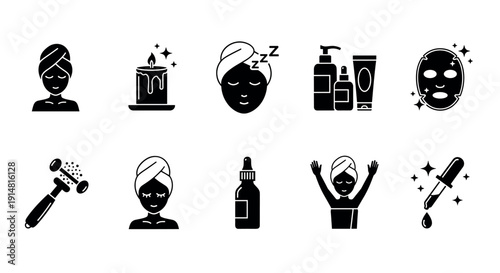 Beauty and skincare routine icon set with facial care, cosmetics, wellness, relaxation, and self care treatment symbols