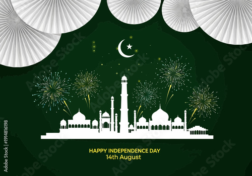 Eid celebration with fireworks and mosque silhouettes on green background