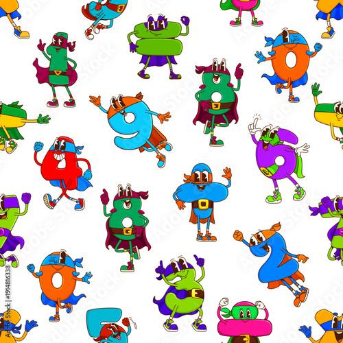 Math number groovy superhero characters seamless vector pattern. Heroic number figures with superpower with capes and masks. Math game seamless background with cute happy mascots
