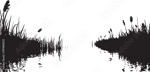 Silhouette of grass and water with a flying insect